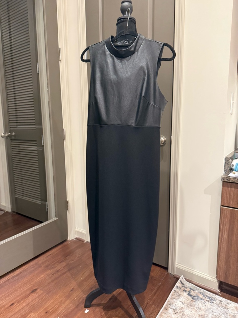 Express Black Sleeveless Midi Dress with Faux Leather Bodice